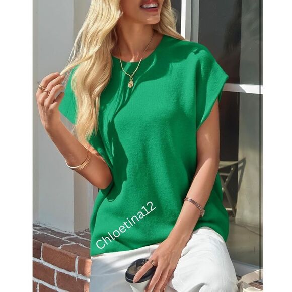 New Cap Sleeve Cotton Knit Crew Neck Tank Top Shirt Lightweight Loose Knit Top - Picture 3 of 16